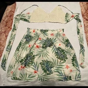 Floral two piece skirt set, with knit bikini like top